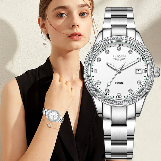 LIGE Fashion Luxury Quartz Watches for Woman Classic Elegant Casual Auto Date Ladies Gifts Diamond Waterproof Women Wristwatches