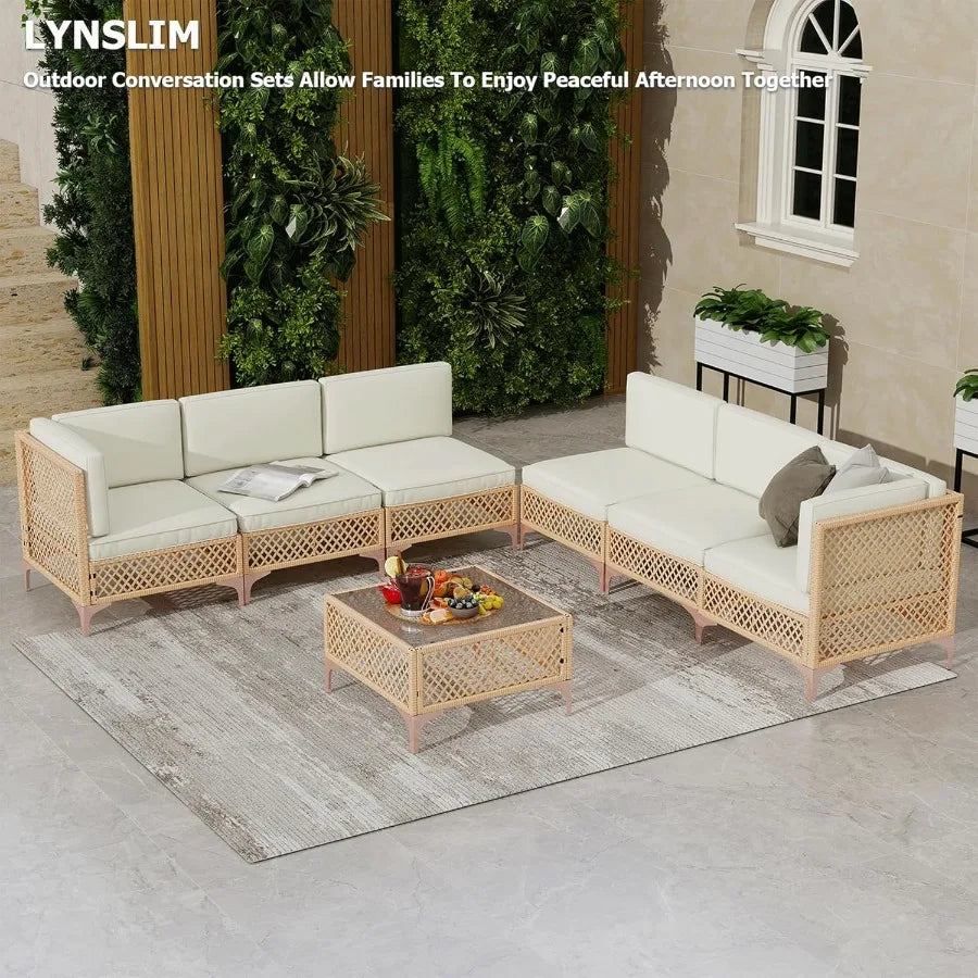 LYNSLIM Outdoor Patio Furniture Set Wicker Outdoor Sectional Set for Backyard Relaxation Boho Style Conversation Sofa with Larg