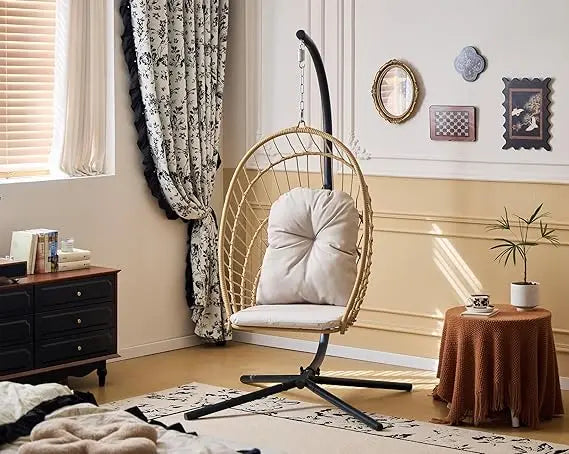 Egg Hanging Chair with Stand - Patio Wicker Swing Hammock Chair. 350lbs Capacity, Cushioned. Ideal for Bedroom, B