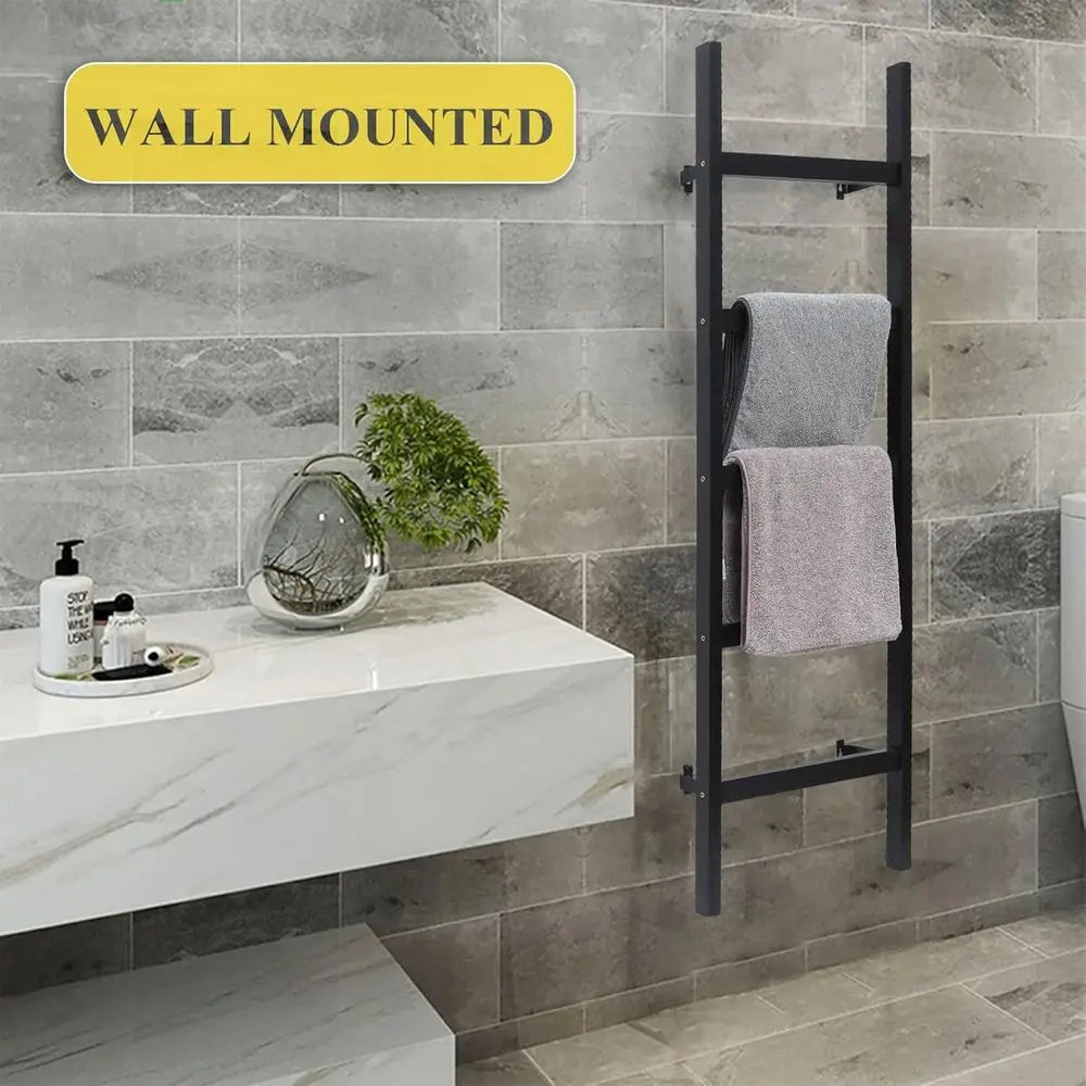 Rustic Black Wooden Ladder for Wall-Mounted Blanket and Quilt Display in Living Room, Farmhouse Style Bathroom Towel Rack