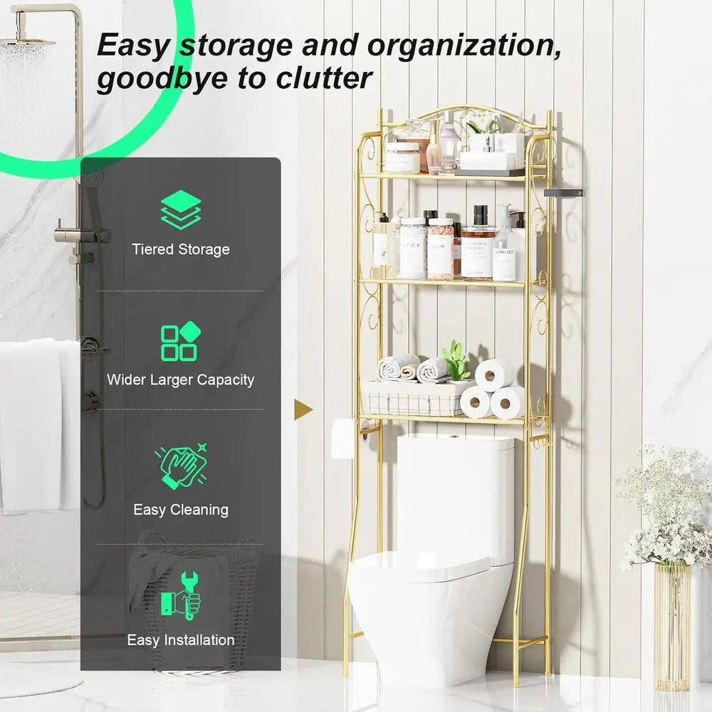 3-Tier Gold Toilet Storage Shelf, Freestanding Bathroom Organizer with Hooks, Space-Saving Over-the-Toilet Rack