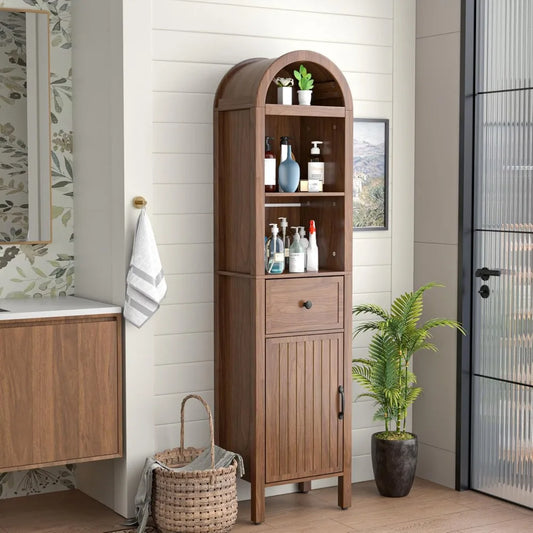 Elegant Tall Bathroom Storage Cabinet with Adjustable Shelves, Slim Arched Tower Cabinet Featuring Fluted Doors and Drawers