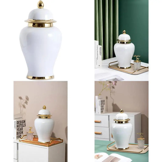15-Inch Decorative Ginger Jar Vase with Gold Trim, Ideal for Centerpiece Table Decorations, Living Room, and Shelves