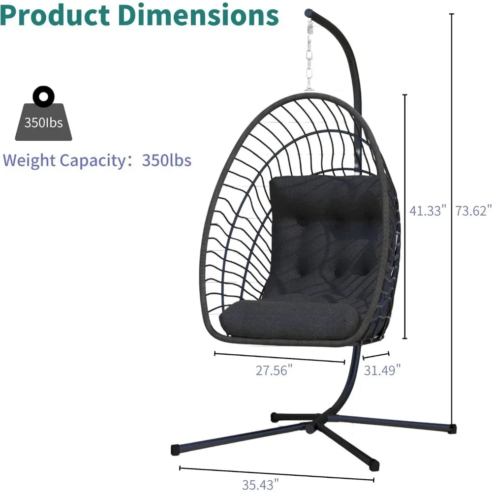 Foldable Rattan Wicker Hanging Egg Chair with Stand for Indoor And Outdoor Use - Swing Chair for Bedroom Porch Patio Garden