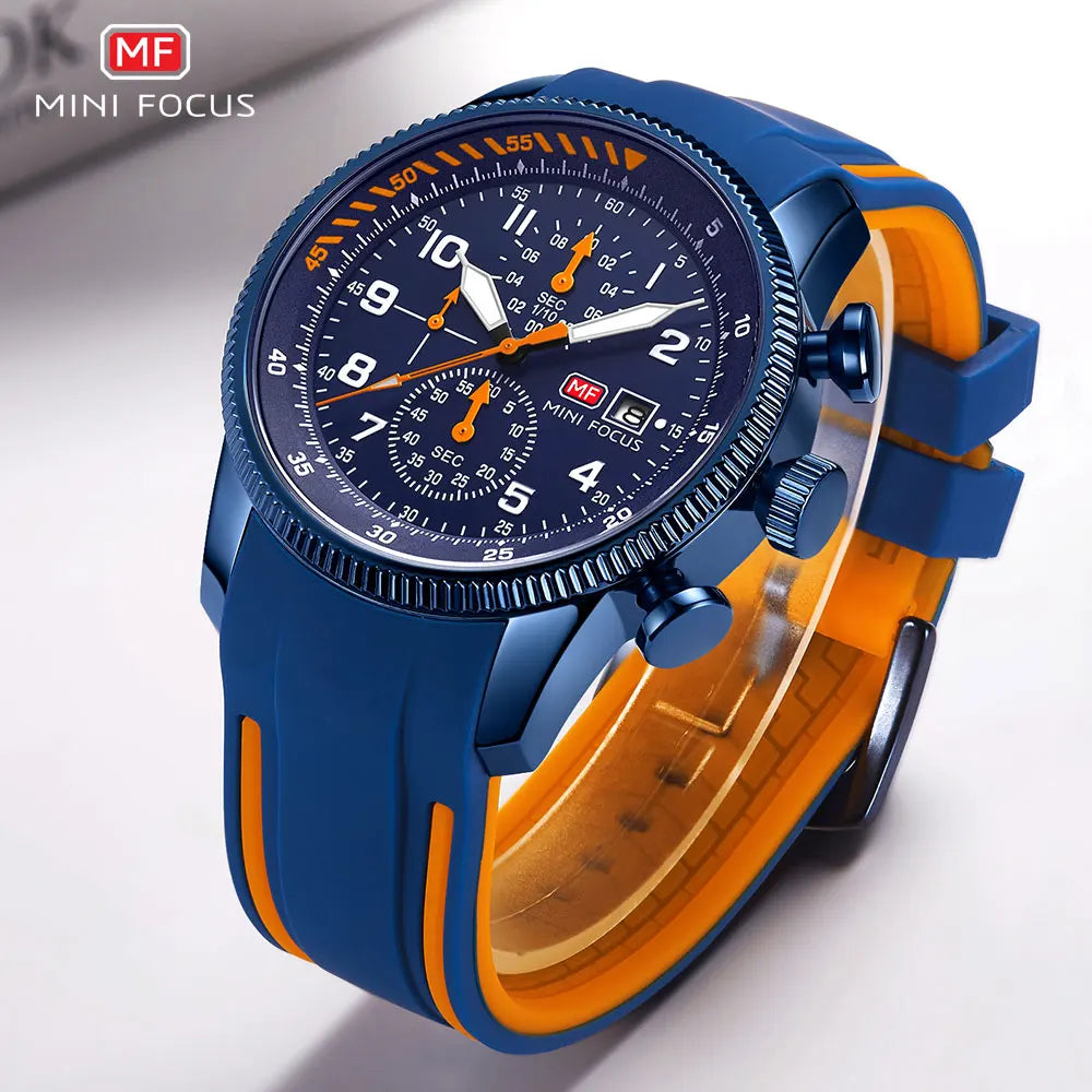 MINI FOCUS Military Sport Quartz Watch for Men Blue Silicone Strap Chronograph Luminous Wristwatch with Date Waterproof 0379