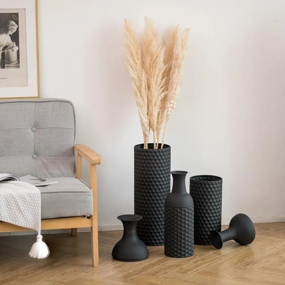 Large Black Tall Vases - Set of 3 Modern Metal Floor Standing Vase with Honeycomb Texture for Living Room Decor