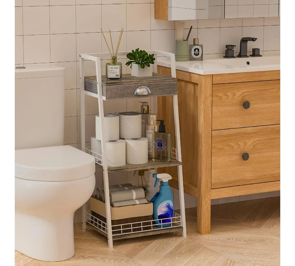 3-Tier Bathroom Shelf with Drawer, Freestanding Storage Rack for Small Spaces, White Modern Ladder Shelf for Living Room Bedroom