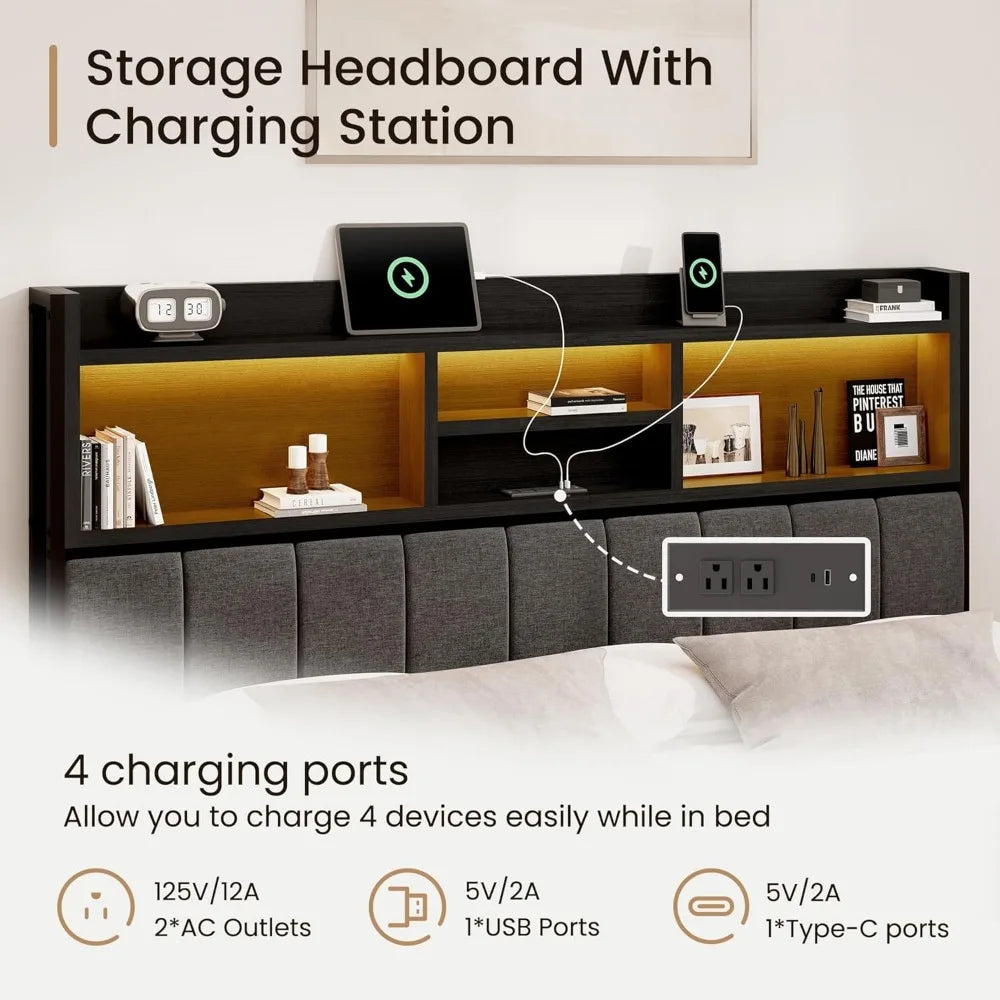 Queen Bed Frame with 6 Storage Drawers, Linen Upholstered Headboard, Built-in USB Charging Station & LED Lighting, Silent Metal
