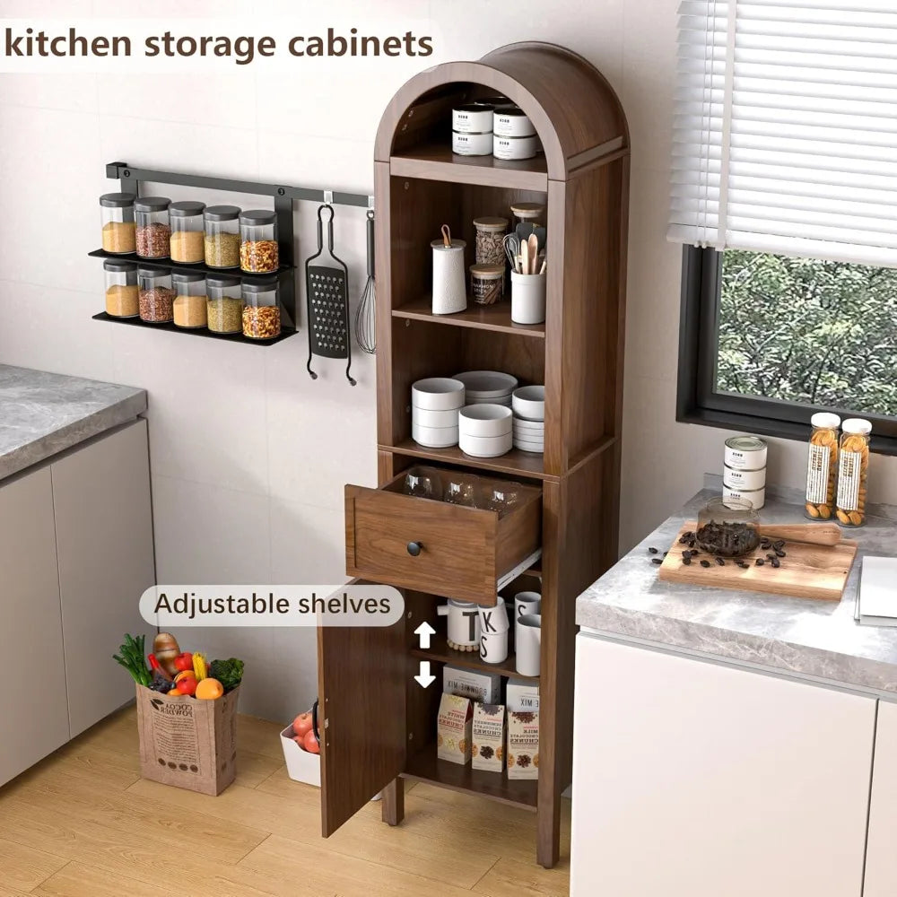 Elegant Tall Bathroom Storage Cabinet with Adjustable Shelves, Slim Arched Tower Cabinet Featuring Fluted Doors and Drawers