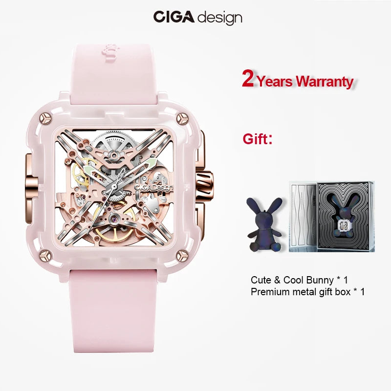 CIGA Design X Series Automatic Movement Couple Watches for Men Women White Ceramic Luminous Skeleton Mechanical Wristwatches