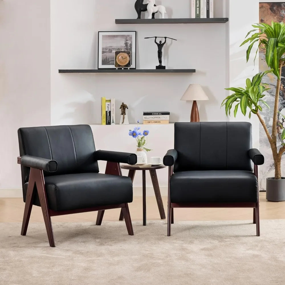 black leather accent chairs set of 2, mid century modern accent chair, side arm chairs for living room, office guest waiting ro