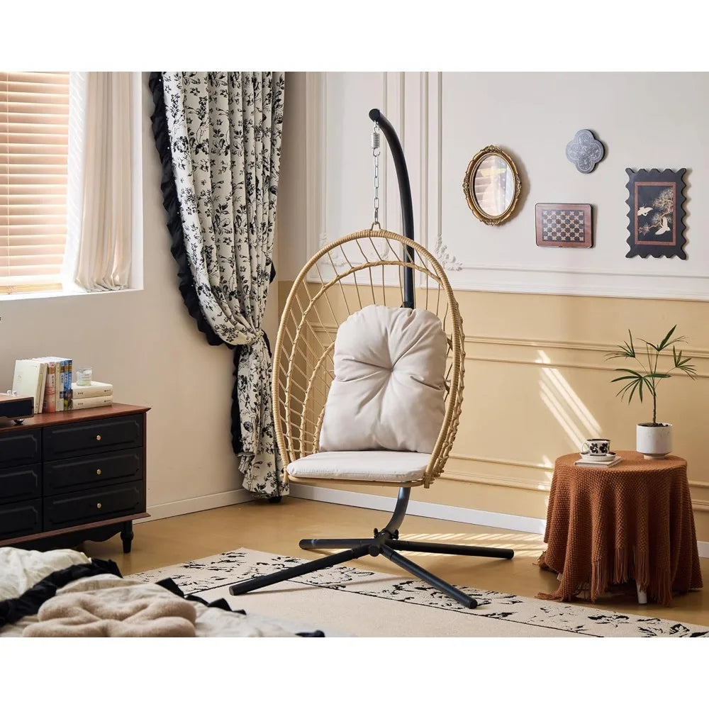 Egg Hanging Chair with Stand - Patio Wicker Swing Hammock Chair. 350lbs Capacity, Cushioned. Ideal for Bedroom, B