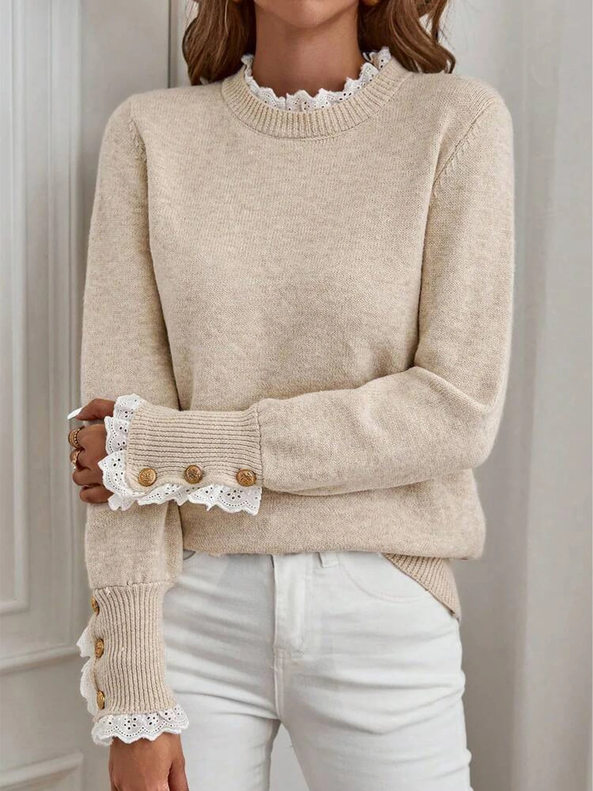 Autumn and winter women's lace decoration round neck long sleeved knitted sweater