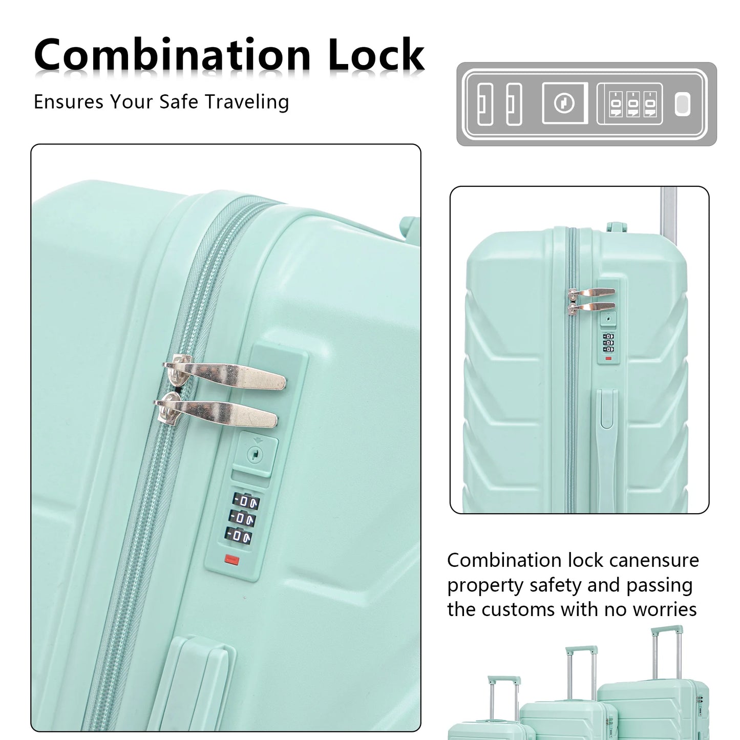 3 in 1 ABS&PC Trolley Box 20in 24in 28in Trolley Box Iron Tie Rod ABSPC Alloy Mint Green  suitcase set travel bag
