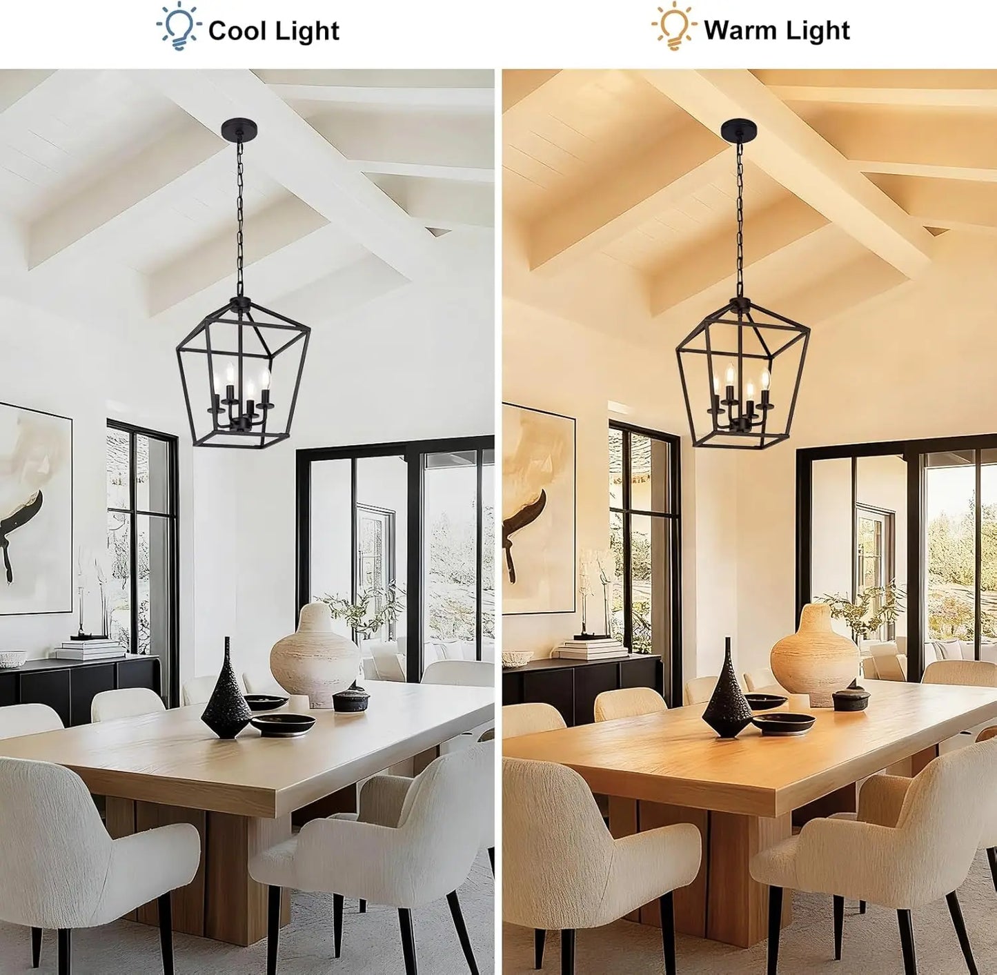 4 Light Chandelier, Industrial Ceiling Light Black Lantern Light Fixtures with Farmhouse Metal Cage Adjustable Height Rustic Geo