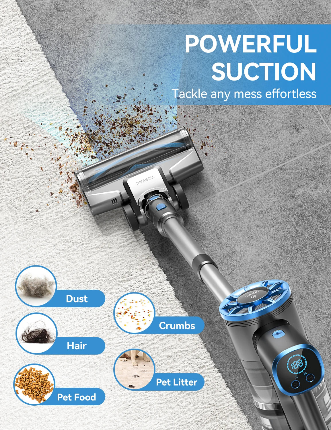 TASVAC N9 Cordless Vacuum Cleaner for Home, 8 in 1 Lightweight Stick Vacuum with LED Display