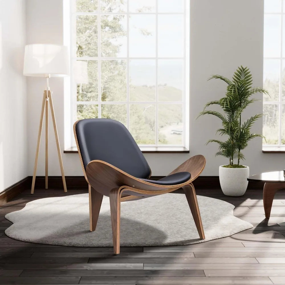 Mid Century Modern Shell Lounge Chair, PU Leather, Tripod Plywood Classic Design Solid Wood Accent Chairs for Living Room