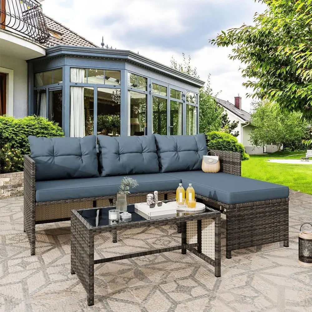 All-Weather Wicker Patio Furniture Set, Blue Outdoor Sofa Sectional with Cushions and Glass Table for Small Garden Conversation