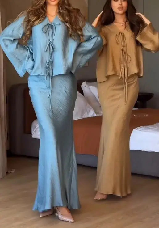 Women's Clothing 2025 New Style Fashionable Socialite Temperament Lace Up Top, Slimming and Hip Hugging Skirt Two-Piece Set