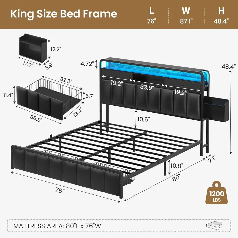 King Bed Frame with Storage Drawers, Upholstered Headboard with Hidden Storage Shelf, LED Lights and Charging Station, Metal Pla
