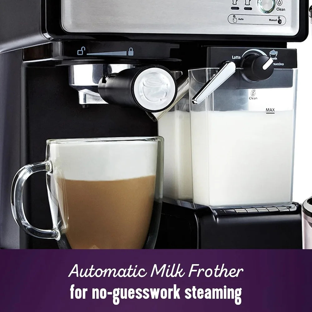 Mr. Coffee Espresso and Cappuccino Machine Stainless Steel Programmable Coffee Maker with Automatic Milk Frother 15-Bar Pump Ide
