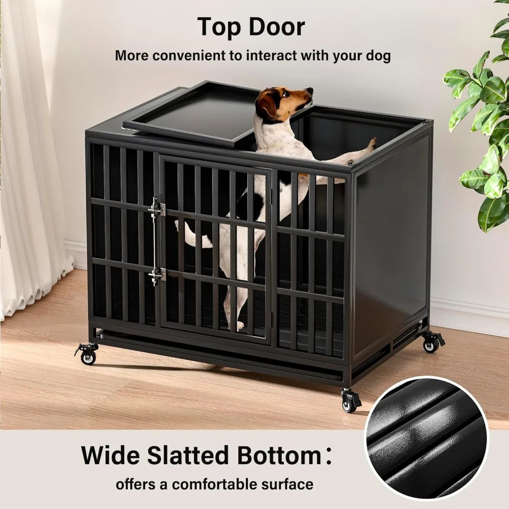 38 inch heavy duty dog crate with self-locking latch, indestructible steel large kennel with enclosed design, chew-proof and esc