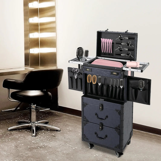 Blue Vintage Rolling Hairdressing Tool Case – Retro Stylist Trolley with Upgraded Metal Wheels for Professionals
