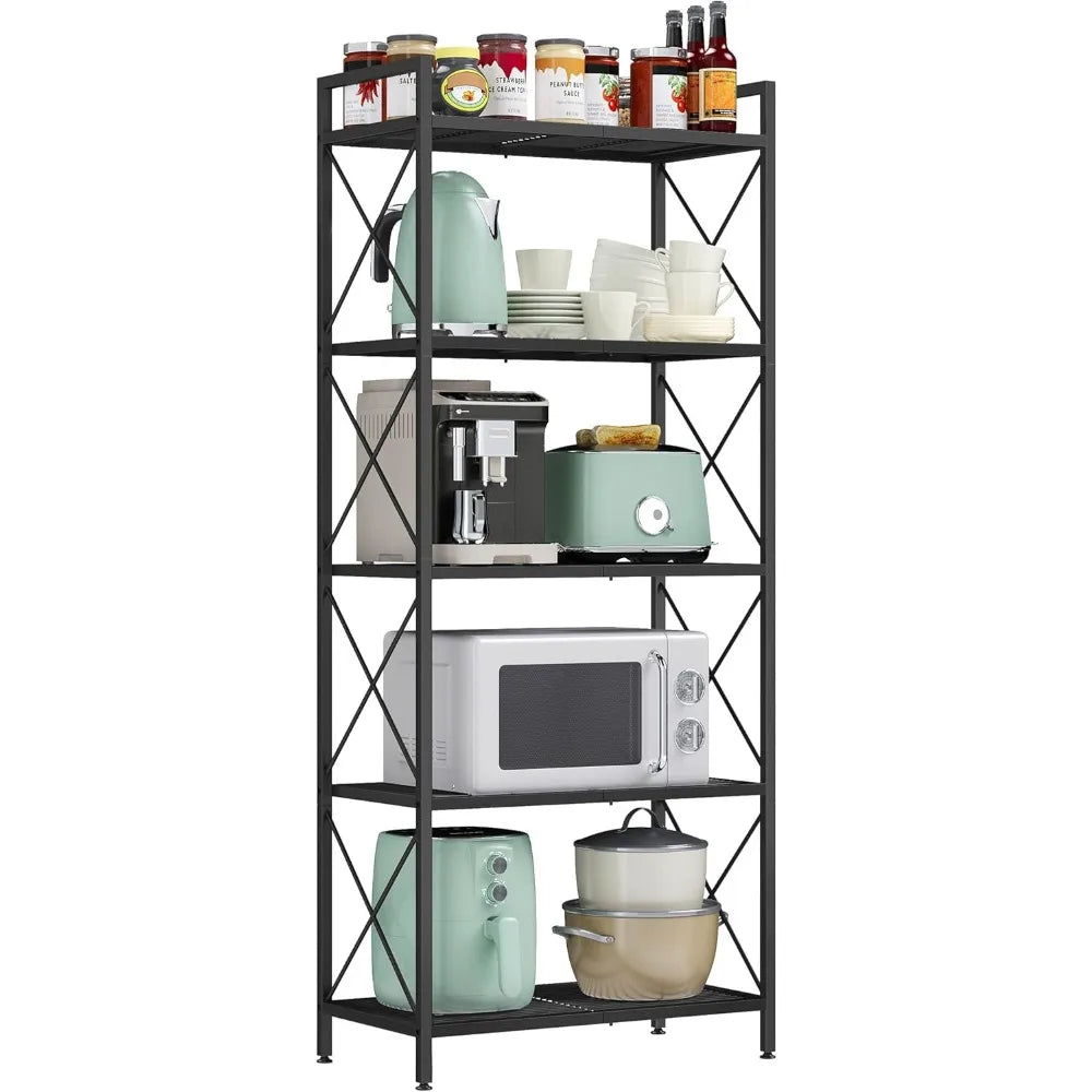 5-Tier Metal Storage Rack with X Side Frames, Dense Mesh Shelves, Adjustable Feet for Entryway Kitchen Living Room Bathroom