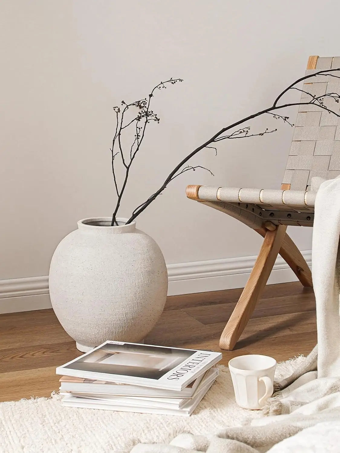 Large 12.5 Inch Round White Ceramic Floor Vase for Centerpieces, Farmhouse Rustic Minimalist Decor, Sandstone White Style