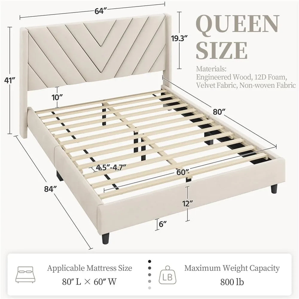 Upholstered Queen Bed Frame with Tufted Headboard, Wooden Slat Support, No Box Spring Needed, Beige Velvet Finish