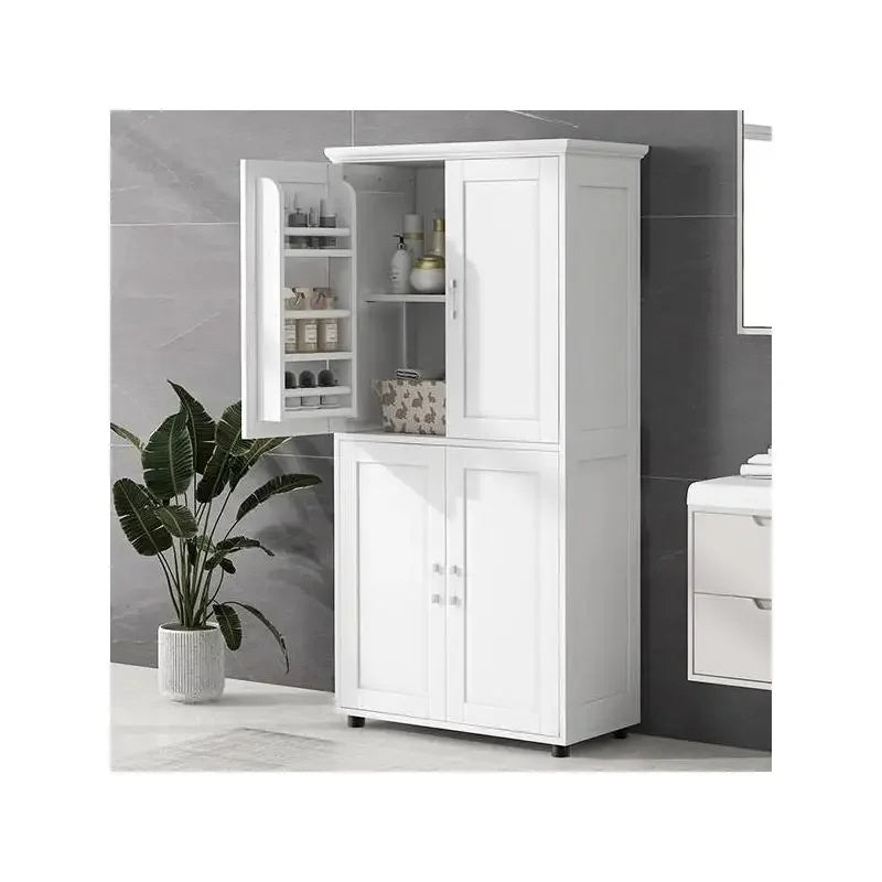 Tall and Wide Bathroom Floor Storage Cabinet, Bathroom Storage Unit, Freestanding Cabinet with 4 Doors, Adjustable Shelves, Whit