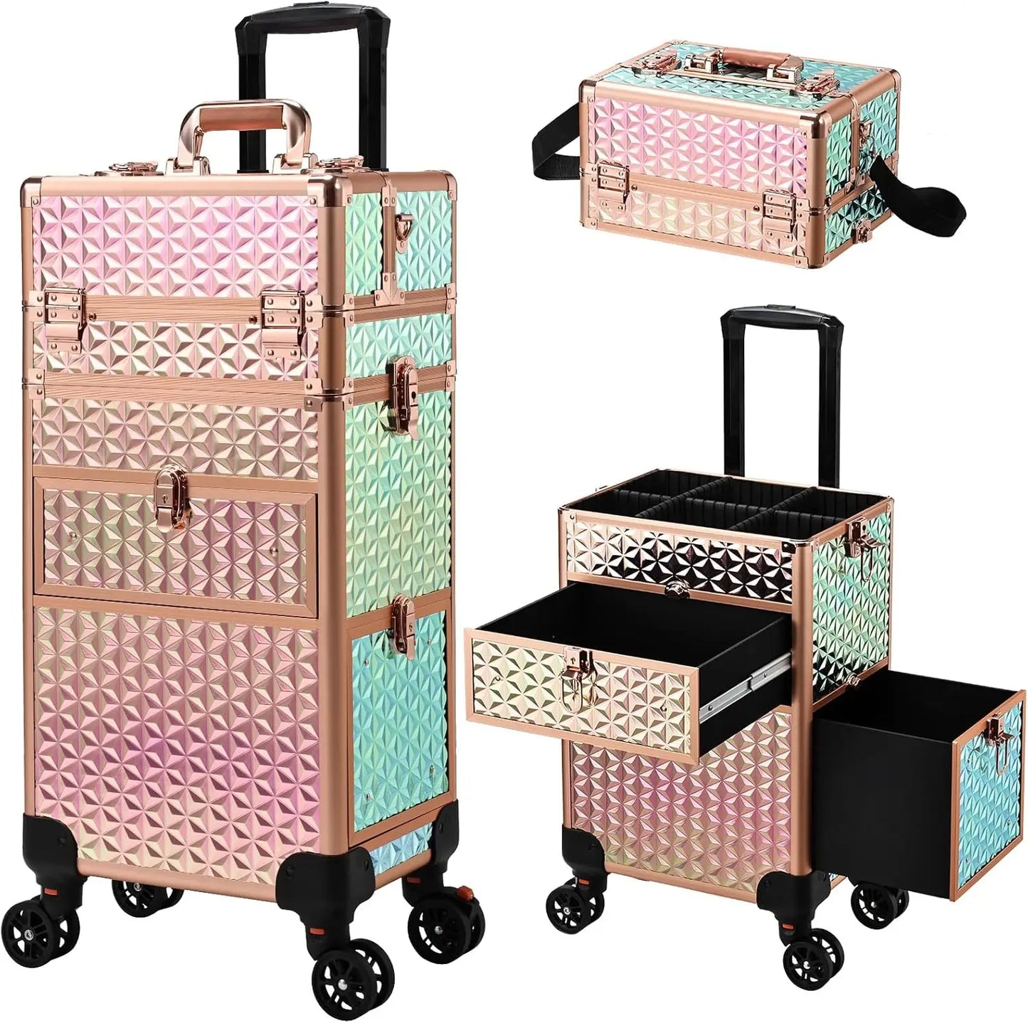 Rolling Makeup Case with Wheels  Drawers Large Professional Cosmetology Trolley Case Lockable Travel Cosmetic Storage Train Case