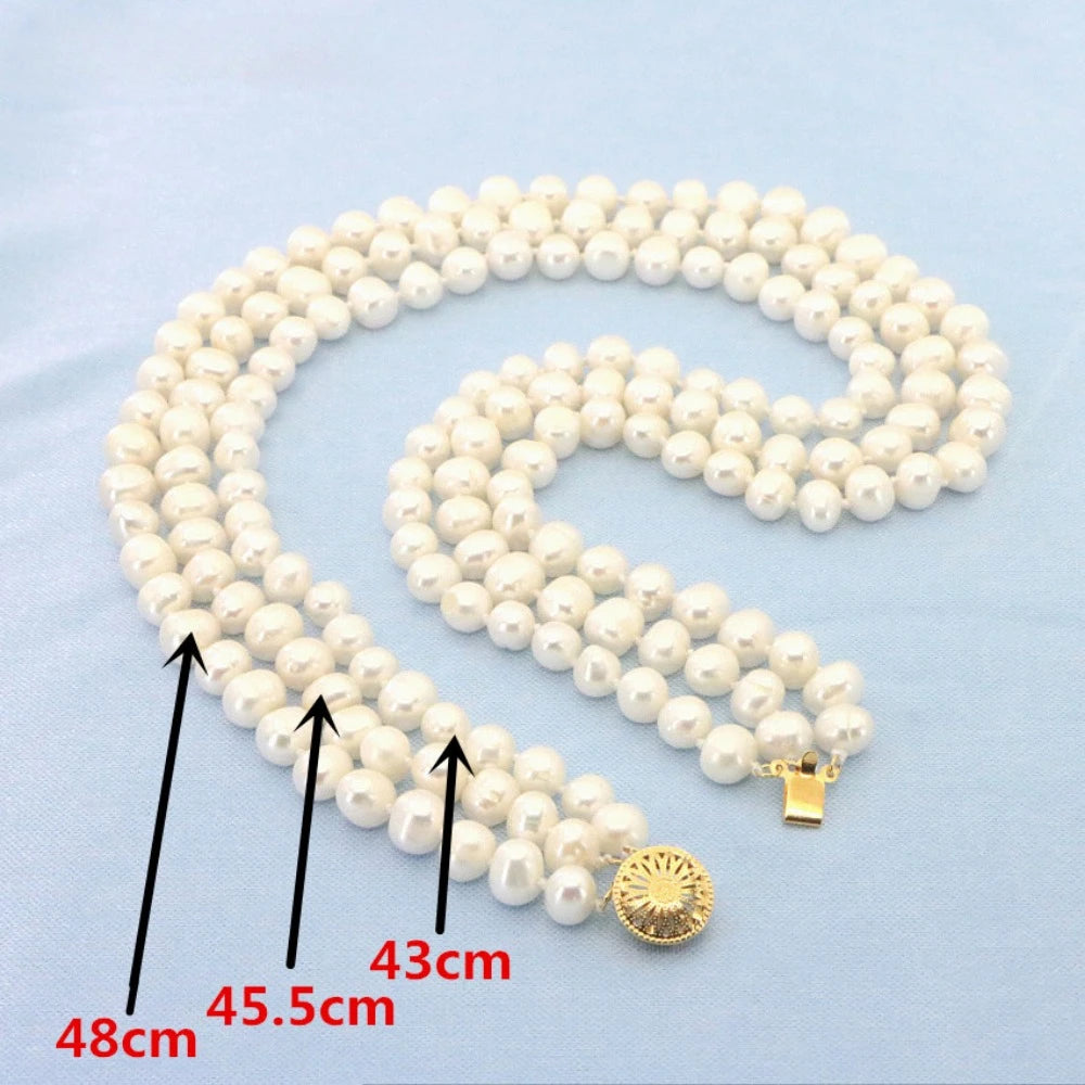 3 Rows Freshwater Pearls Necklace Wedding Jewelry Set for Women 7-8mm Beads Multicolor Selection Birthday Party Clavicle Chain