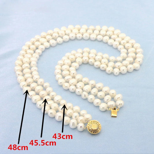 3 Rows Freshwater Pearls Necklace Wedding Jewelry Set for Women 7-8mm Beads Multicolor Selection Birthday Party Clavicle Chain