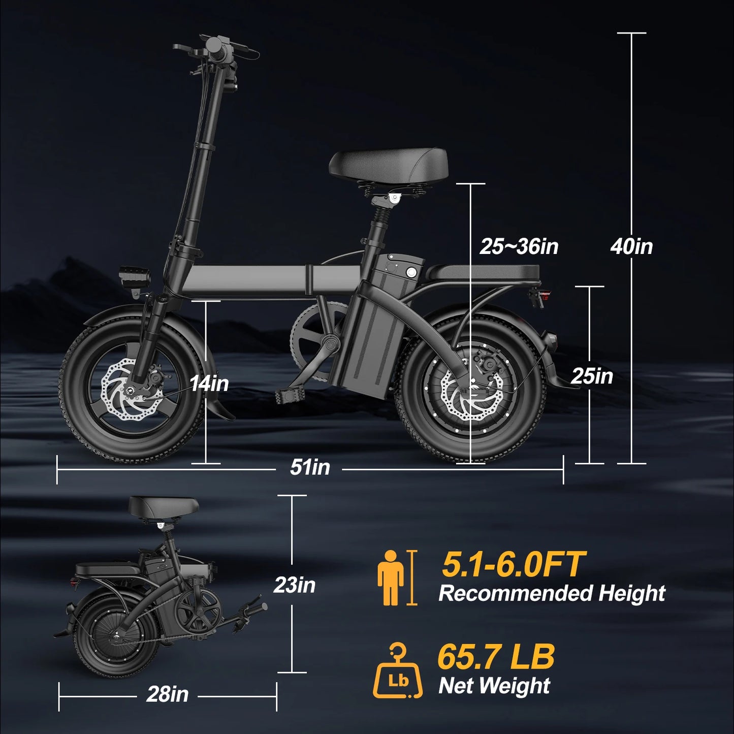 Electric Bike For Adults, Folding Electric Bike, 500W Peak Motor, Electric Bicycle With 14" Tire, 48V 20AH/15AH/10Ah Battery