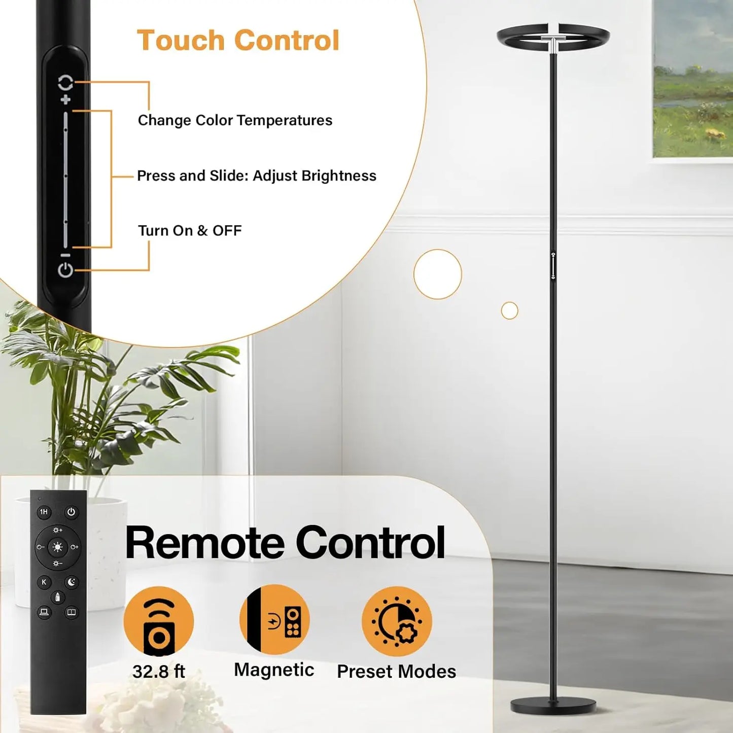 Rotatable LED Floor Lamp, 70' Tall, Touch & Remote Control, Dimmable Torchiere for Living Room, Bedroom, Office