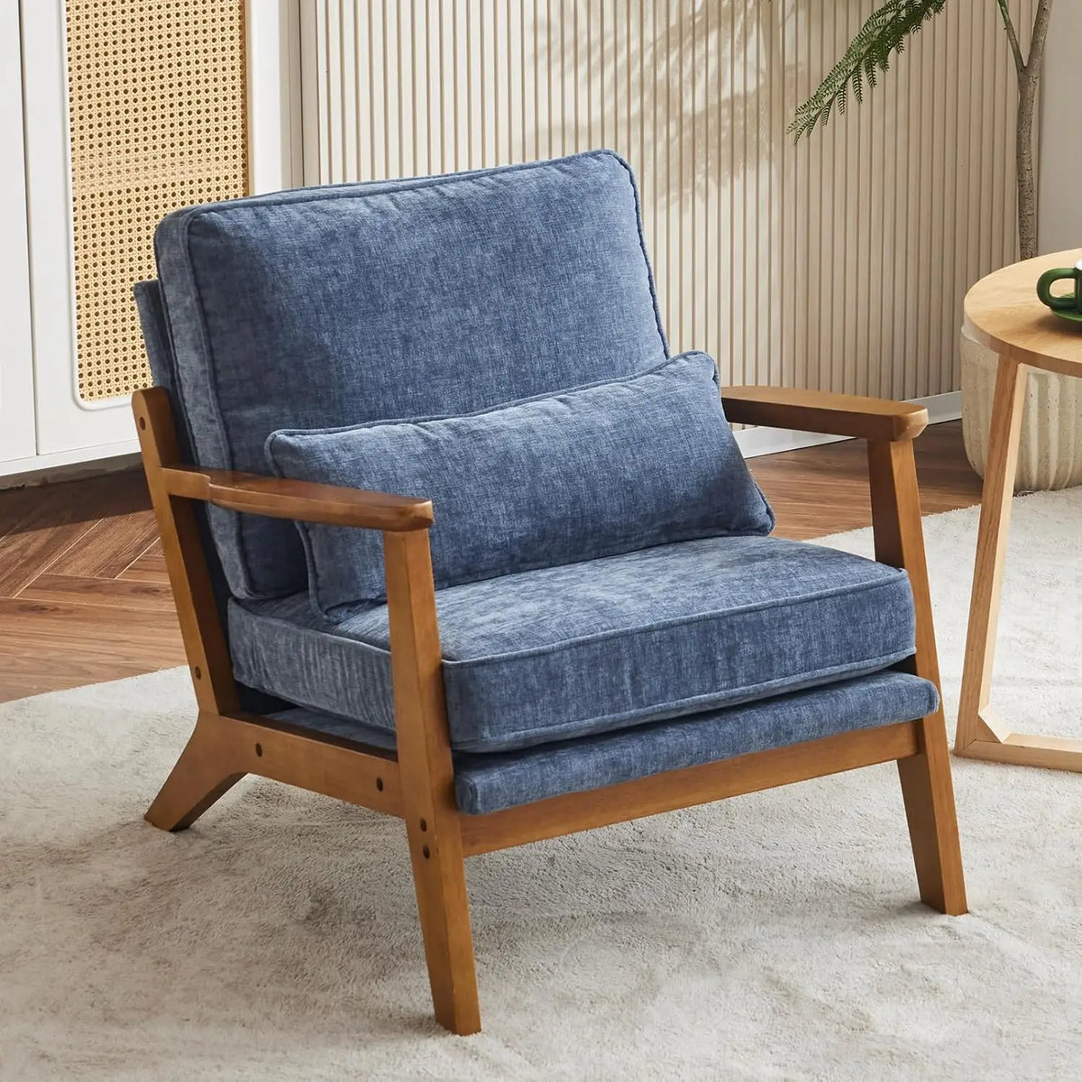 Accent Chair Wide Armrest Mid-Century Lounge Chair Teddy Fleece Armchair with Lumbar Pillow & Solid Wood Frame for Liv