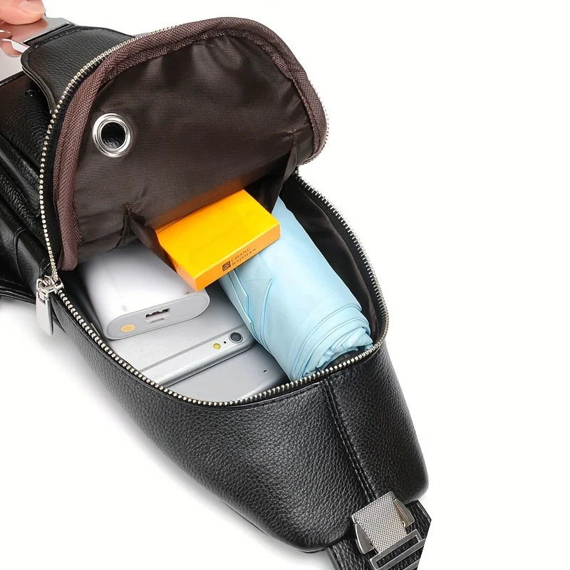 Men’s Vintage PU Leather Sling Bag – Large Capacity Crossbody Chest Bag with Multi-Pockets, Secure Buckle Closure – Stylish Comm
