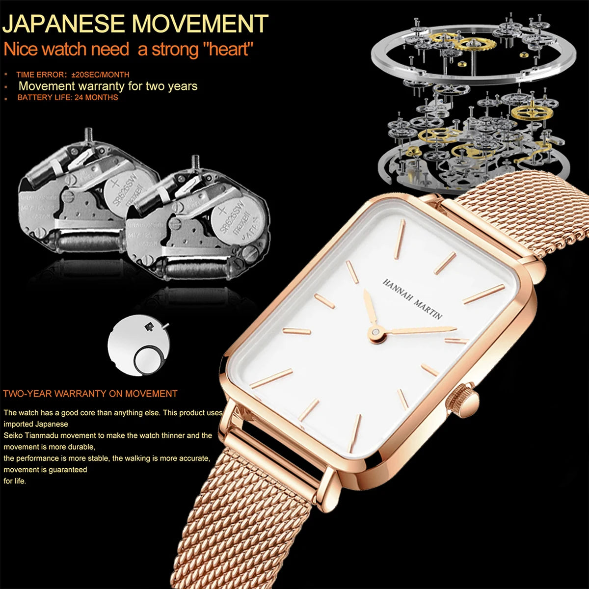 Square Women Stainless Steel Mesh Strap Watch Fashion Japanese Movement Rose Gold Simple Leisure Fashion Hannah Martin Watches