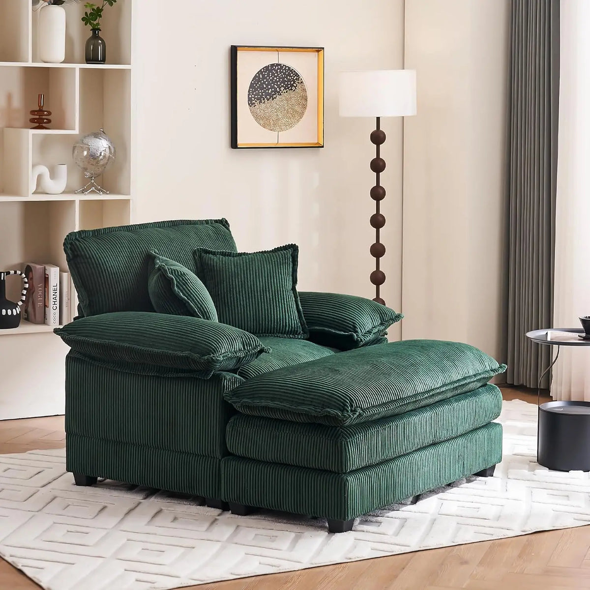 46.9' Oversized Corduroy Chaise Lounge Chair with Ottoman, Comfy Indoor Reading Chair for Living Room Bedroom (Green)