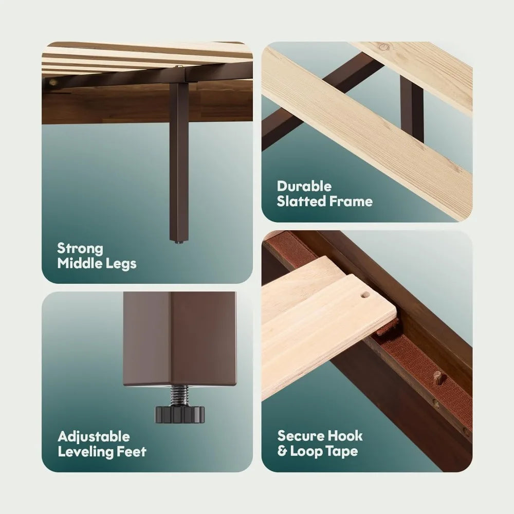 Acacia Wood Modern Low Profile Bed Frame, Queen Size, Without Headboard