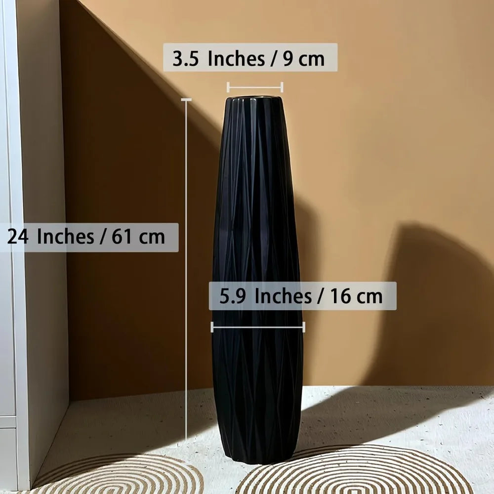 Large 24 Inch Black Matte Floor Vase - Modern Minimalist Home Decor for Living Room with Pampas Grass Arrangement