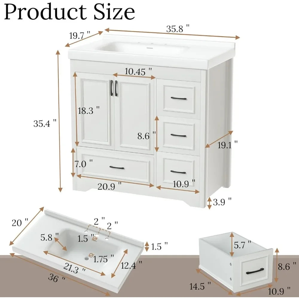 36 Inch Bathroom cabinet with Sink, Bathroom Sink Cabinet with 2 Doors, 4 Drawers, Ceramic Basin (No Faucet)