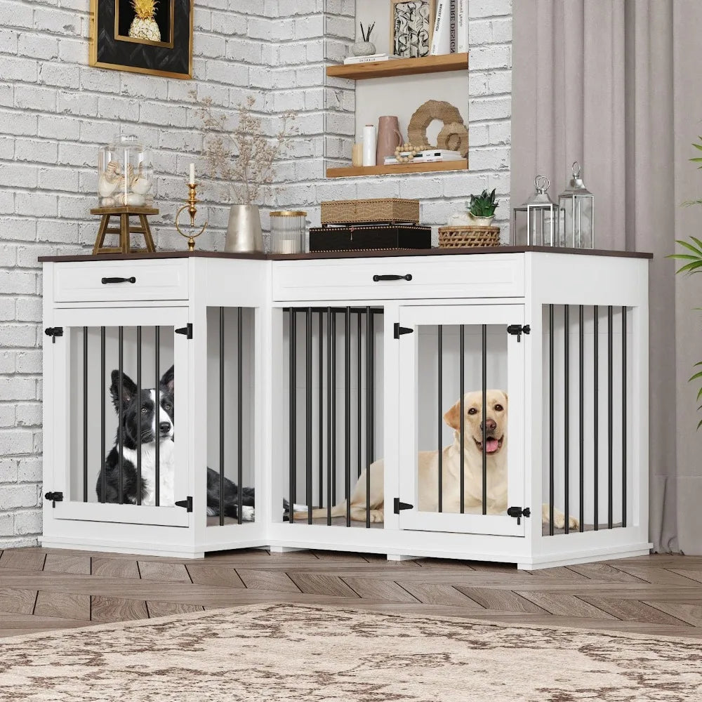large corner dog crate furniture for 2 dogs, 59" indoor wooden furniture style dog kennel house with double rooms, drawers & rem
