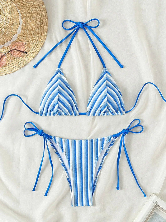 2025 New Summer Bikinis Set Sexy Striped Split Bikinis 2 Piece Set Women Swimsuit High Waist Backless Vacation Style Bikinis