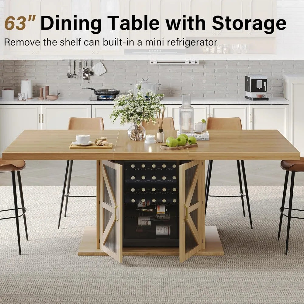 Large Modern Rectangular Farmhouse Dining Table with Storage for 4-6, Wood Kitchen Table featuring Fridge Space