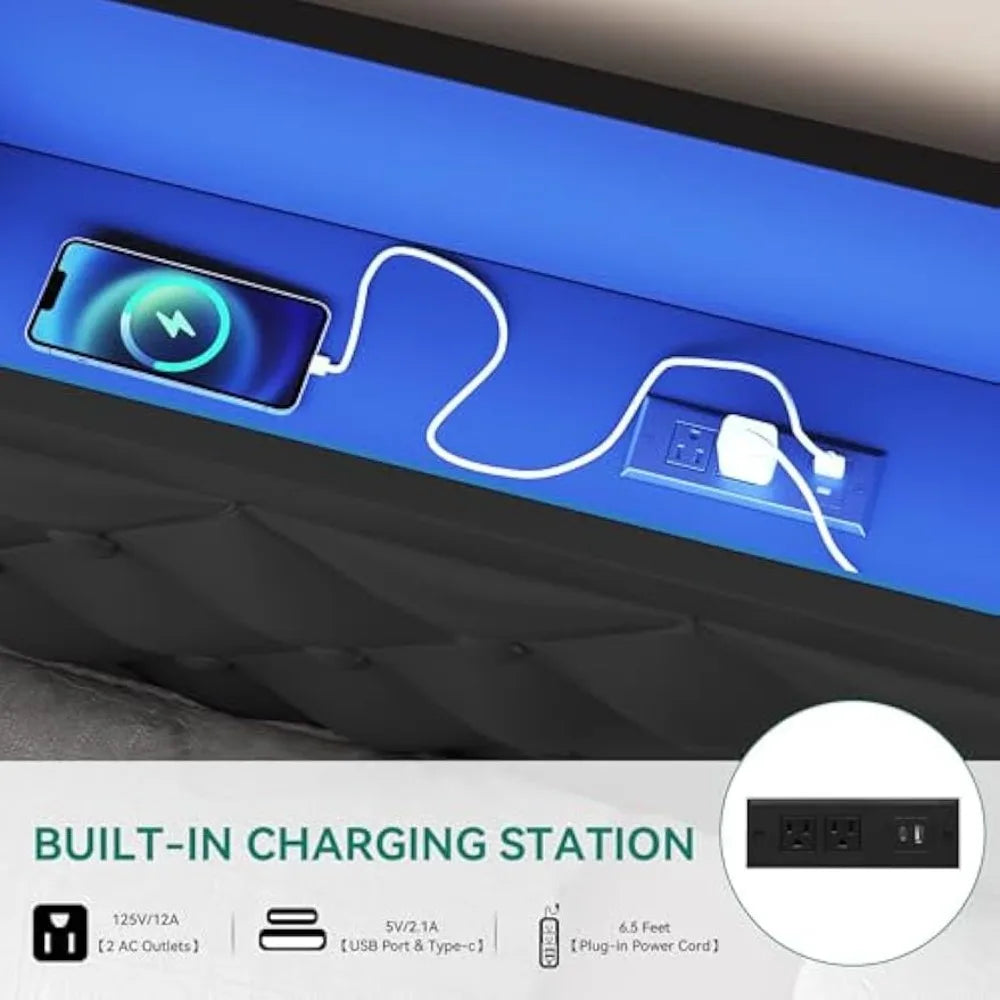 yitahome queen bed frame with rgb led lights headboard & 4 storage drawers, modern upholstered faux leather platform bed with us