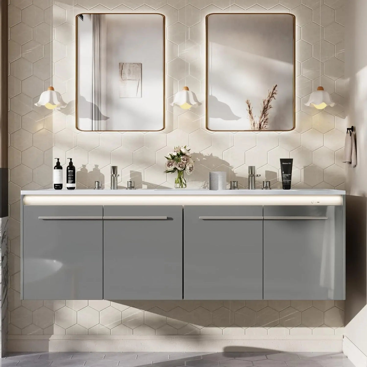 60"LED Floating Bathroom Double Vanity with Sink Combo, Modern High Gloss Wall Mounted Bathroom Storage Cabinet with 3 Hole Sink