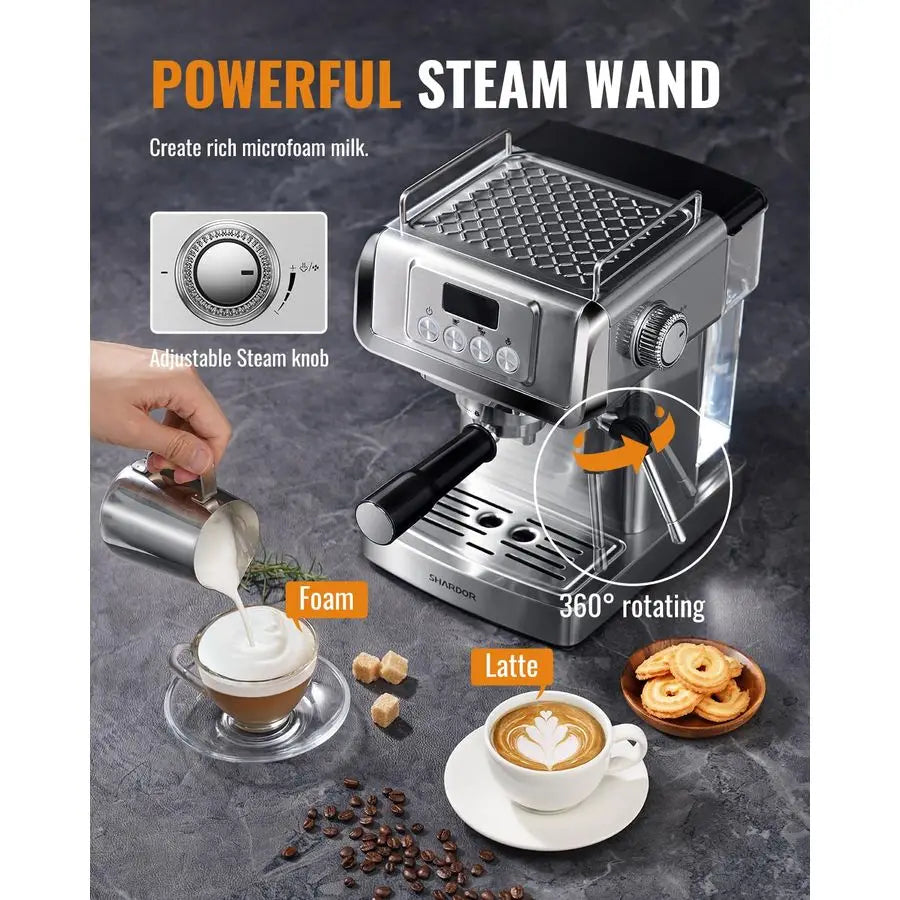 20Bar Espresso Machine for Home Barista, BuiltIn Steam Wand for Latte amp Cappuccino, Stainless Steel Coffee Maker with Temp Dis