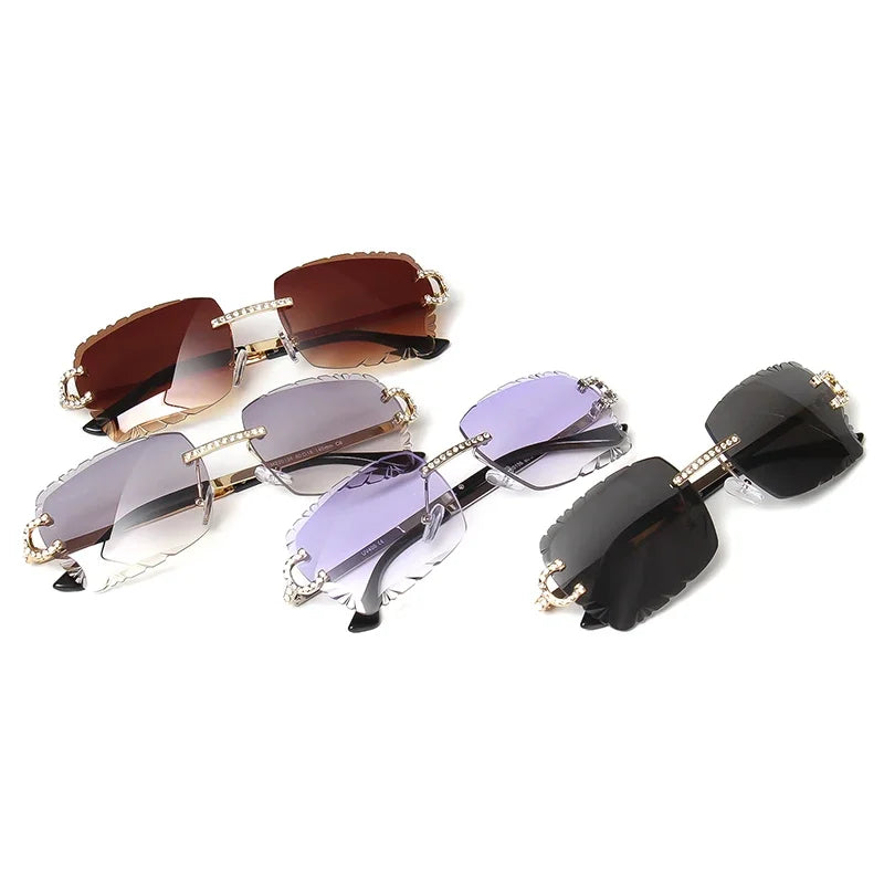 Fashion Rimless Square Sunglasses Vintage Diamond Brand Design Cut Lens Sun Glasses Men Women Metal Frame Luxury UV400 Eyewear